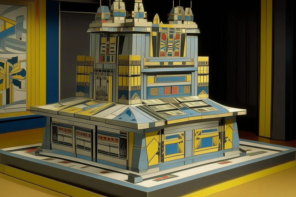 A gray mechanical casino designed in Navajo woven art painted by Lyonel Charles Feininger