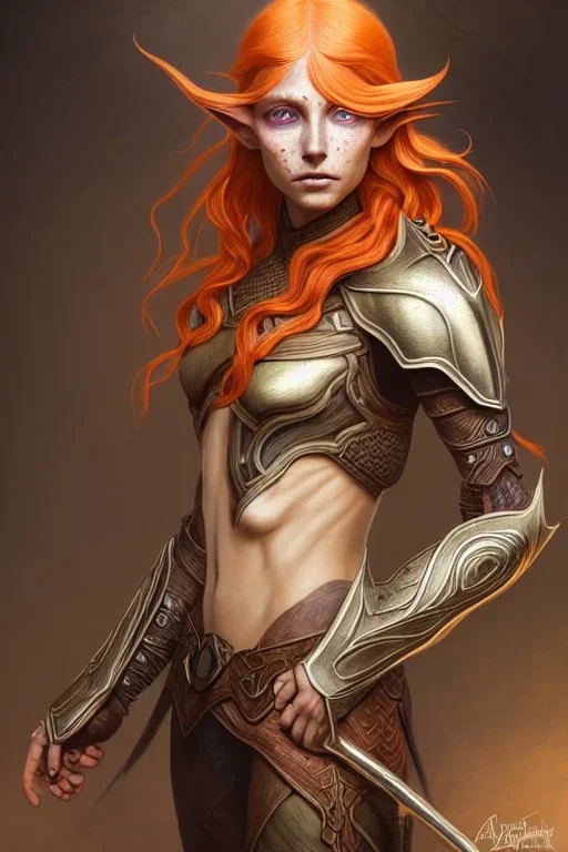 portrait painting of an elven young woman with short light orange hair and freckles and tree tattoos on his cheekbones light armor, full body, ultra realistic, concept art, intricate details, eerie, highly detailed, photorealistic, octane render, 8 k, unreal engine. art by artgerm and greg rutkowski and charlie bowater and magali villeneuve and alphonse mucha