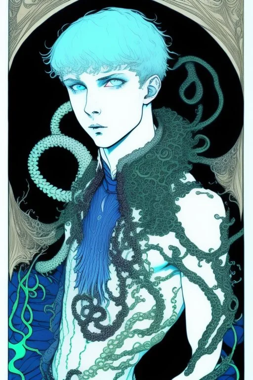 16 year old boy warlock with milky blue eyes, and 1lamprey tentacle coming out of his belly in the style of Harry Clarke