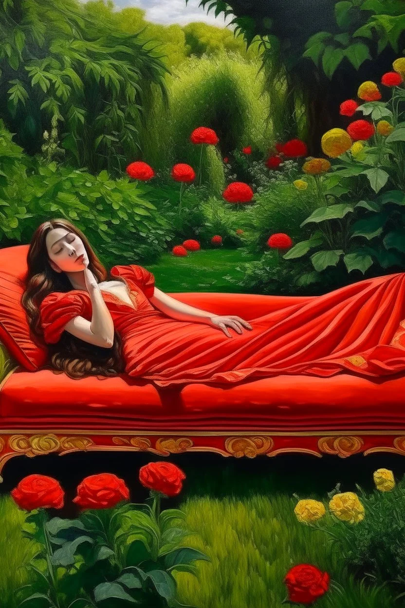 Oil painting Princess lying in the middle of a garden On a sofa and a red cover that covers her body from below only