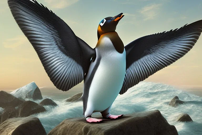 penguin flying in the sky with his two wings