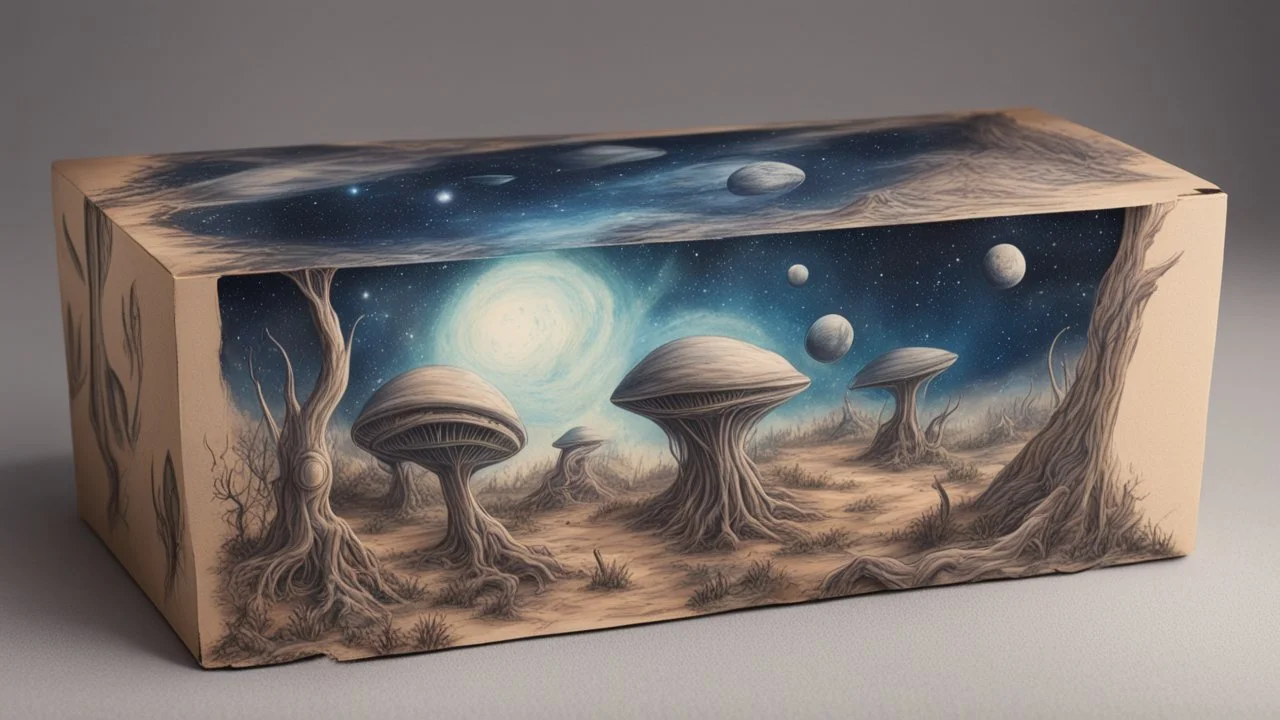 a box 10 cm long by 5 cm wide and 25 cm high, drawn on a box on all sides, space, aliens, tress and more beautiful, very realistic