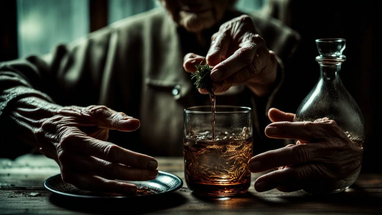 close up photo from an old woman's wrinkled hands holds one brown herb water in vintage water glass with , thriller, sinister , old witch interior, dark mood, perfect photo