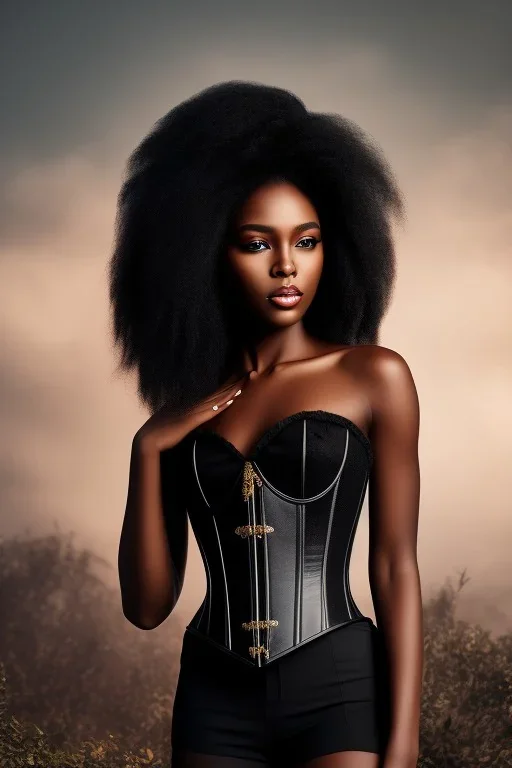 A portrait of a beautiful youthful black woman, wearing a black corset, long black hair, wizard, magical, ethereal, Warm bright lighting. Ultra quality 8k.