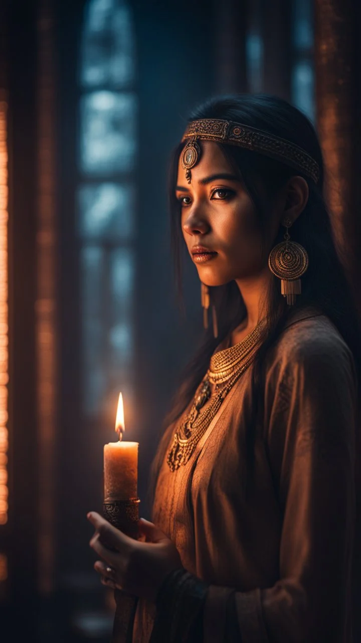 Shi Fi, a beautiful American Indian woman in the temple holding a candle, atmospheric lighting effects, intricate industrial details, moody atmosphere, eerie grimdark ambiance, complex motherboard accents, speculative fiction art. Bokeh