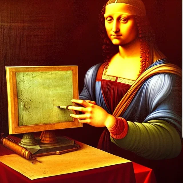 leonardo da vinci with computer. creating in photoshop. hyperdetailed, warm colors, movie poster, photoillustration, oil on canvas, lens flare