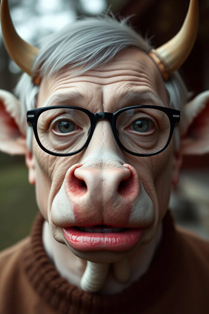 half grey haired half bald Bill Gates with a gremlin cow with big lipstick mouth, big lips