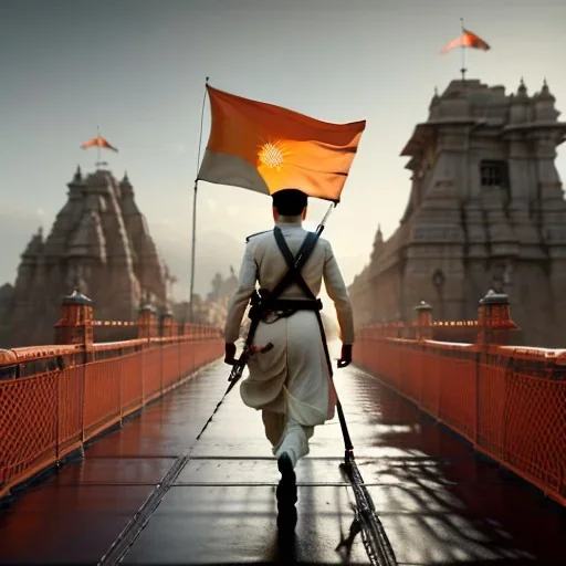 An hindu Soldier walking on the bridge with orange flag , day , realistic , high resolution , HD , 1920pX1080p , dark