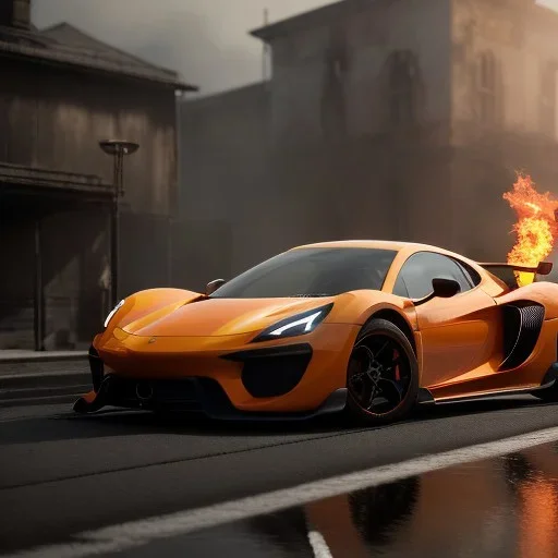 photo of a ultra realistic,set in fire hyper car, cinematic lighting, battered, low angle, trending on artstation, 4k, hyper realistic, focused, extreme details, unreal engine 5, cinematic, masterpiece