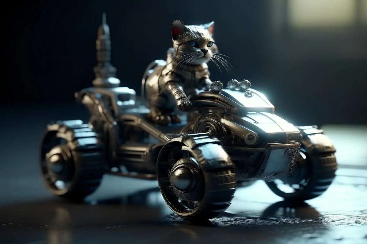 lowpoly cat driving highly symmetric metallic rocket propelled mad max ATV with rounded glass bubble roof, bokeh like f/0.8, tilt-shift lens 8k, high detail, smooth render, down-light, unreal engine, prize winning