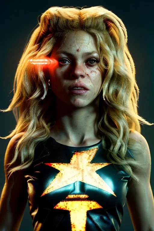 portrait, Shakira, blonde, angry, Realistic image, superhero, retro watchmen style, gold make-up, blood, sweat, fog, goddess style, Neon colors, leds. Black background, photo studio, concept art, smooth, unreal engine 5, god lights, ray tracing, RTX, lumen lighting, ultra detail, volumetric lighting, 3d, finely drawn, high definition, 4k.