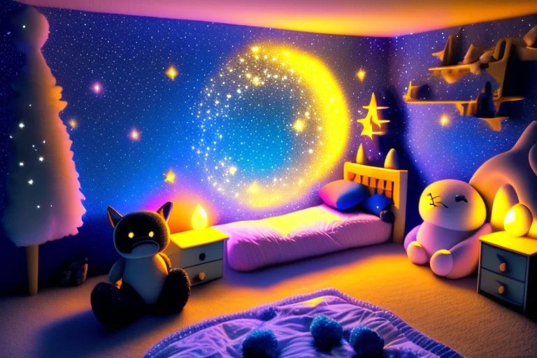 One evening, as the room was bathed in darkness, Stardust noticed the beauty of the night sky outside. Inspired, Stardust gathered the toys, sharing the idea of brightening their room. The toys worked together, placing Stardust near the bed, casting a soft, comforting glow, turning their room into a starlit wonderland.