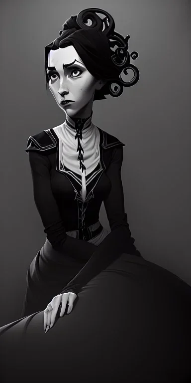 black and white Victorian portrait woman in dress sitting big splayed eyes lovecraftian tentacles