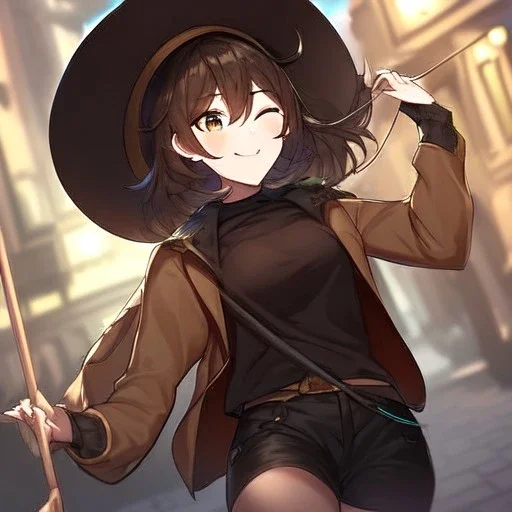 Clear focus, High resolution, short brown spiky hair, hair between eyes, eyes closed, wearing a brown detective hat, wearing a brown jacket and a black shirt, wearing black shorts, 1girl, pulling hat down, smiling