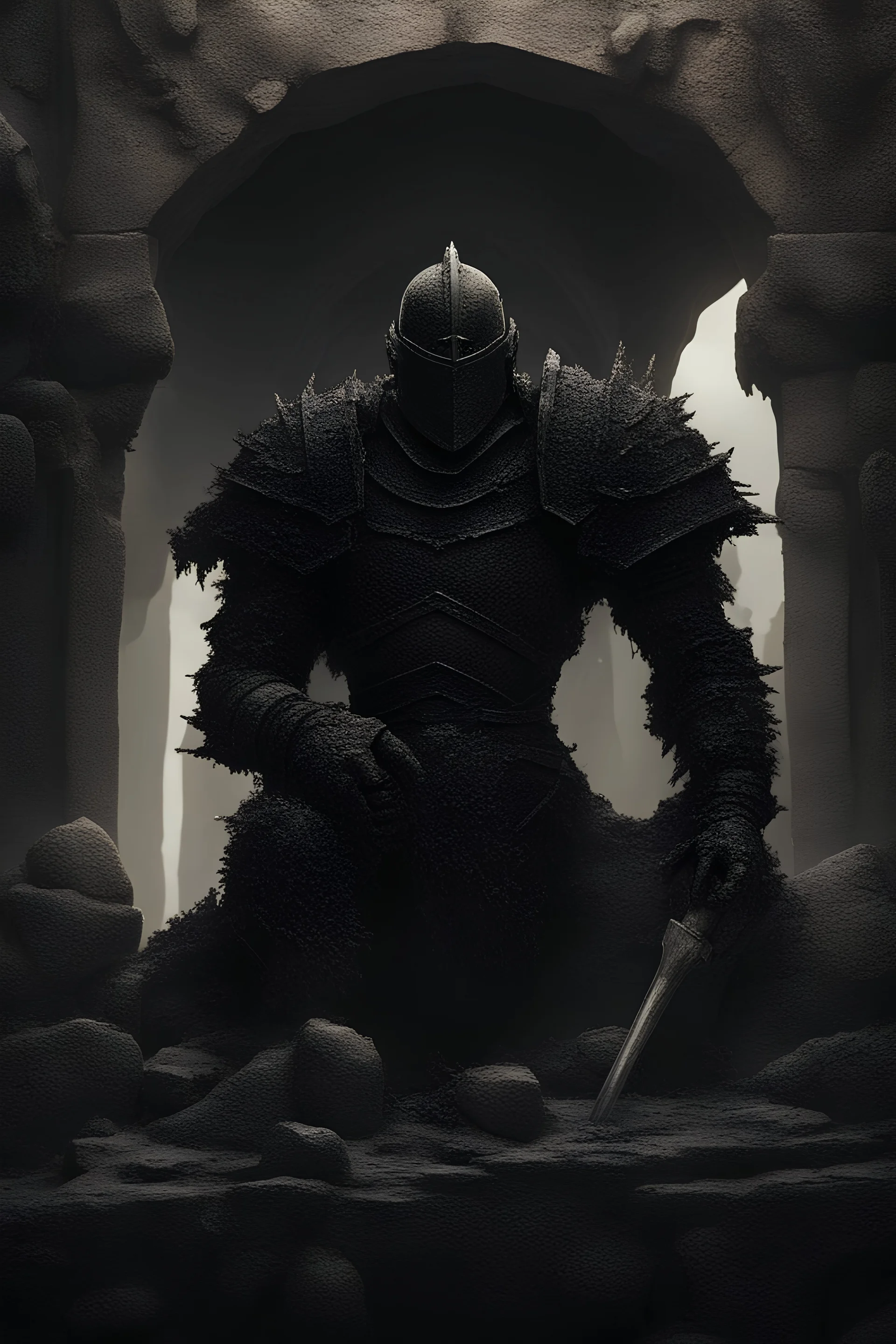 humanoid knight golem made of black stone, looks like a man, fantasy