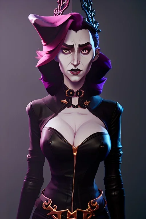 Jennifer Cooldge as evil queen in black leather, leather, busty, cleavage, angry, stern look. character design by cory loftis, fenghua zhong, ryohei hase, ismail inceoglu and ruan jia. unreal engine 5, artistic lighting, highly detailed, photorealistic, fantasy