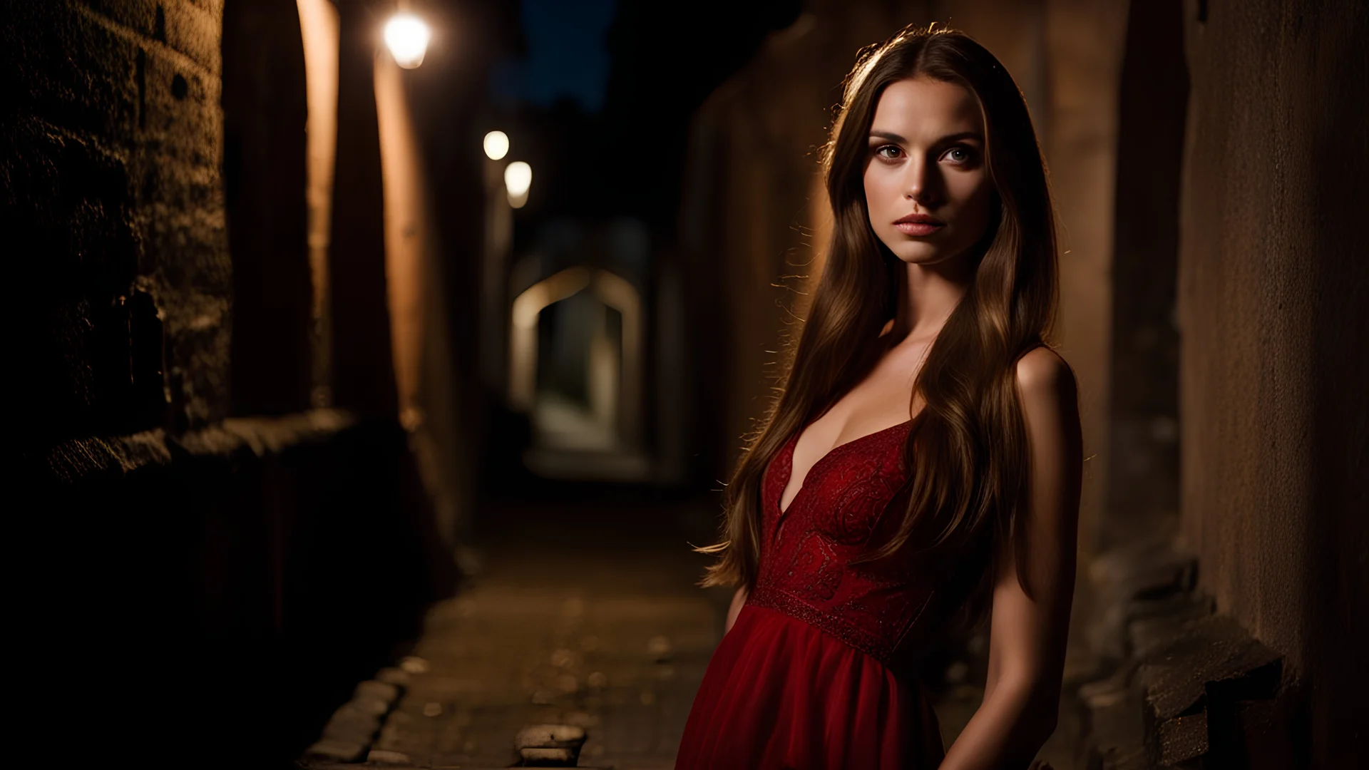 Professional and high quality photo closeup of a beautiful slender 20 year old caucasian girl. Her long thick straight hair is light brown. She is wearing a red silk dress. She is standing next to a wall in an old dark alley of a medieval town at night. She is staring at the viewer.