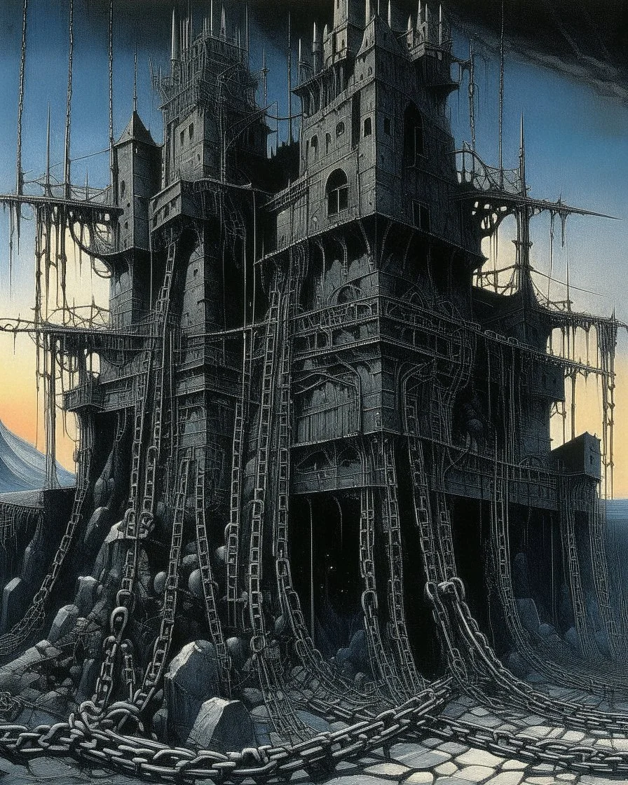 A black fortress with a dungeon filled with chains painted by Max Ernst