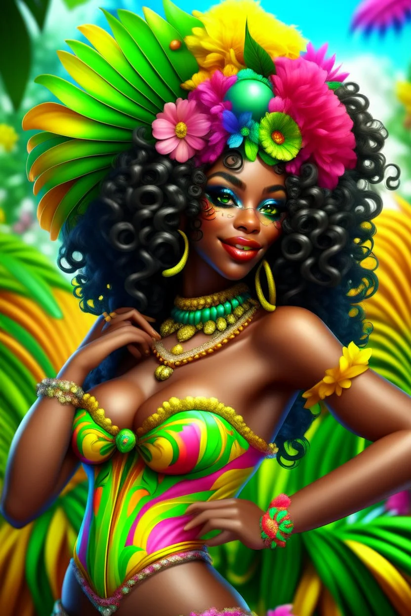 Create a digital airbrush cartoon of a curvy African American female wearing Brazilian carnaval outfit outfit that's pink, green and white. Prominent make up with hazel eyes. Highly detailed very long extremely curly black hair. Her skin is smooth and silky. Background of a judge full of colorful flowers