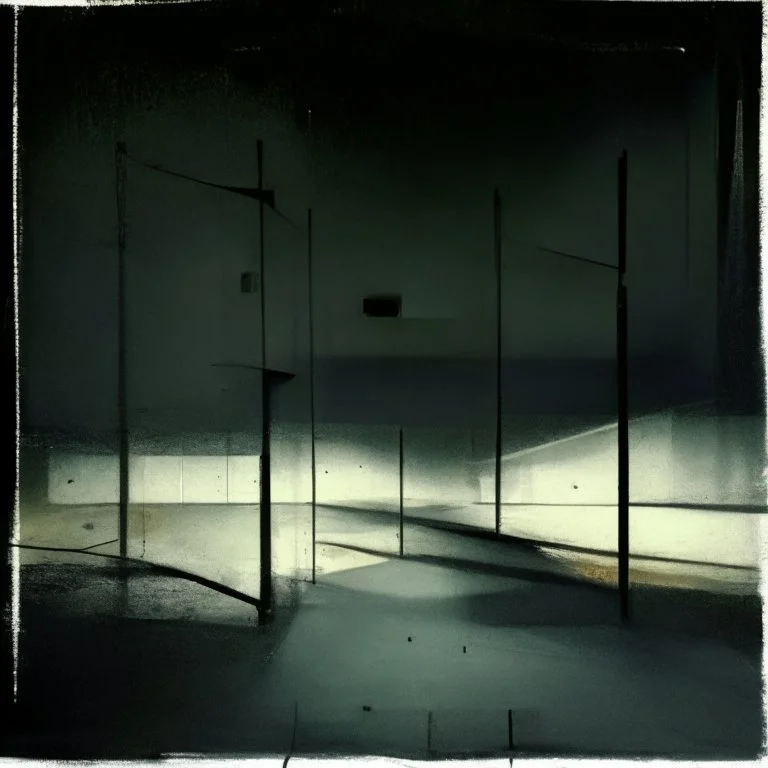 Minimal abstract oil paintings of a desolate 1960s carpark. Illuminated by spotlights. On the floor are concrete fragments and road markings . In the dark mysterious style of Justin Mortimer and Francis Bacon.