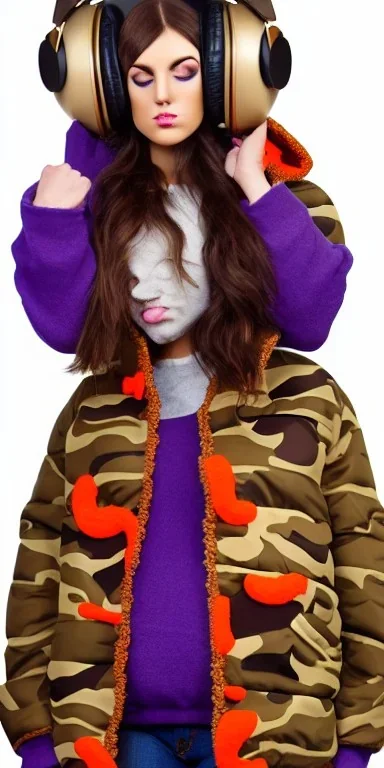 Brunette woman.thick thighs,thick calves,normal bodytype. big head. Mantle is sewed of upcycled Denim and sewed together of camouflage pieces. Pieces' color are orange, cream and purple. It is with big bright purple felt tippet and cream-colored-hood. mantle is merged with satchel, ochre. Big AKG-style headphones (gold rings!) is merged with small felt cap with small visor. Style: Haute Couture in 1920's, N.Y.C fashion in 2024, inspired by street art. Cream latex gaiter. Tennis shoes!