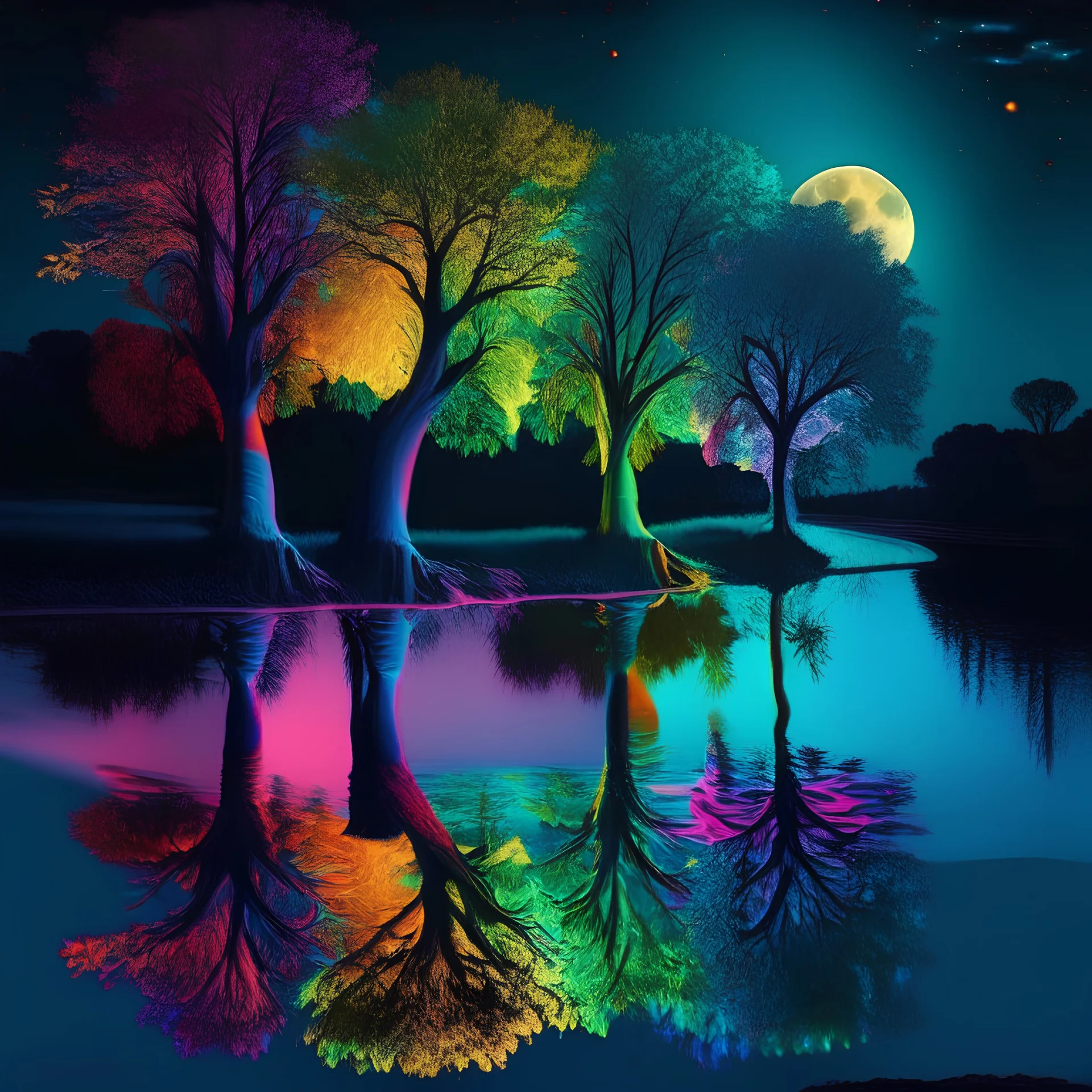 A colorful 5feet trees near river shining in the night reflection of moon light