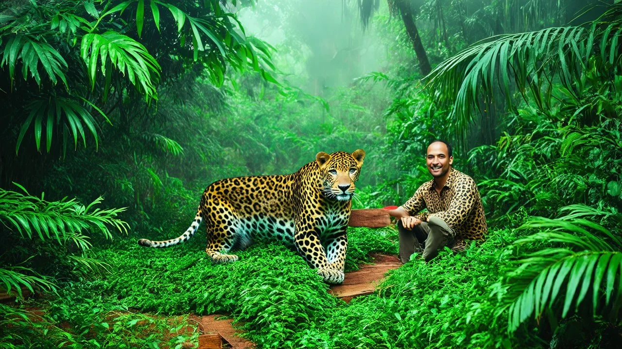 The image features a lush, green jungle scene with dense foliage. A leopard is positioned next to a person sitting amidst the vibrant plants, creating a sense of harmony between human and wildlife in a natural setting. The atmosphere is serene, enhanced by the mist that adds depth to the scene.