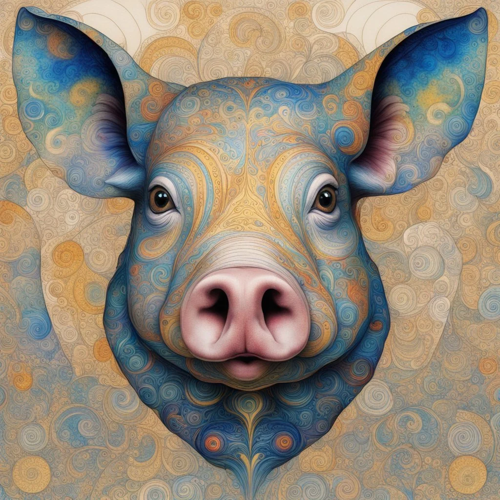 Leonardo Da Vinci's stunning psychedelic masterpiece of a fascinating pig head with extraordinary eyes and elongated ears, with colorful ink, shows Leonardo's style. Adorned with intricate swirls, dots and patterns on white background. Vibrant blue, green, gold, silver, amber, warm yellow and platinum layer recalls the colors of Gustav Klimt. Delicate pencil-like lines create timeless hand-drawn quality. The pig's face is central focus, vector style, preserving the essence of hand-drawn work