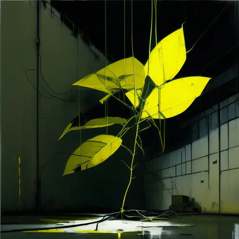 Minimal abstract oil painting of a large leaf plant in concrete warehouse brutalist architecture and hanging wires illuminated at night. With triadic yellow colours. In the style of Justin Mortimer and Phil Hale, Ashley Wood