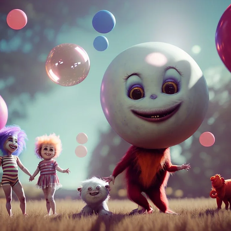 Ultra realistic circus scene. Sweet hair monster and Child’s playing, smile, happy, color bubbles, smooth color, waist up view, Wes Anderson style, dark ambient, highly detailed, concept art, unreal engine 5, god rays, ray tracing, RTX, lumen lighting, ultra detail, volumetric lighting, 3d, finely drawn, high definition, high resolution.