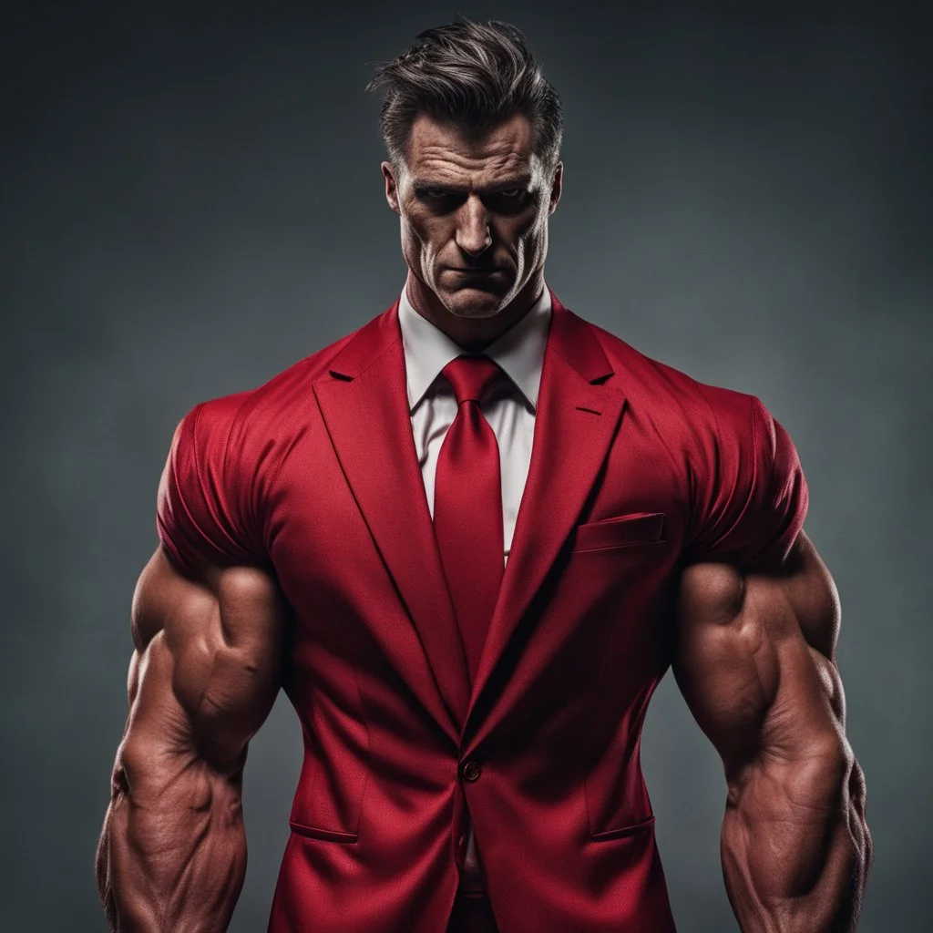 a sinister muscular figure wearing a red suit with a red tie with no face and dirty hair