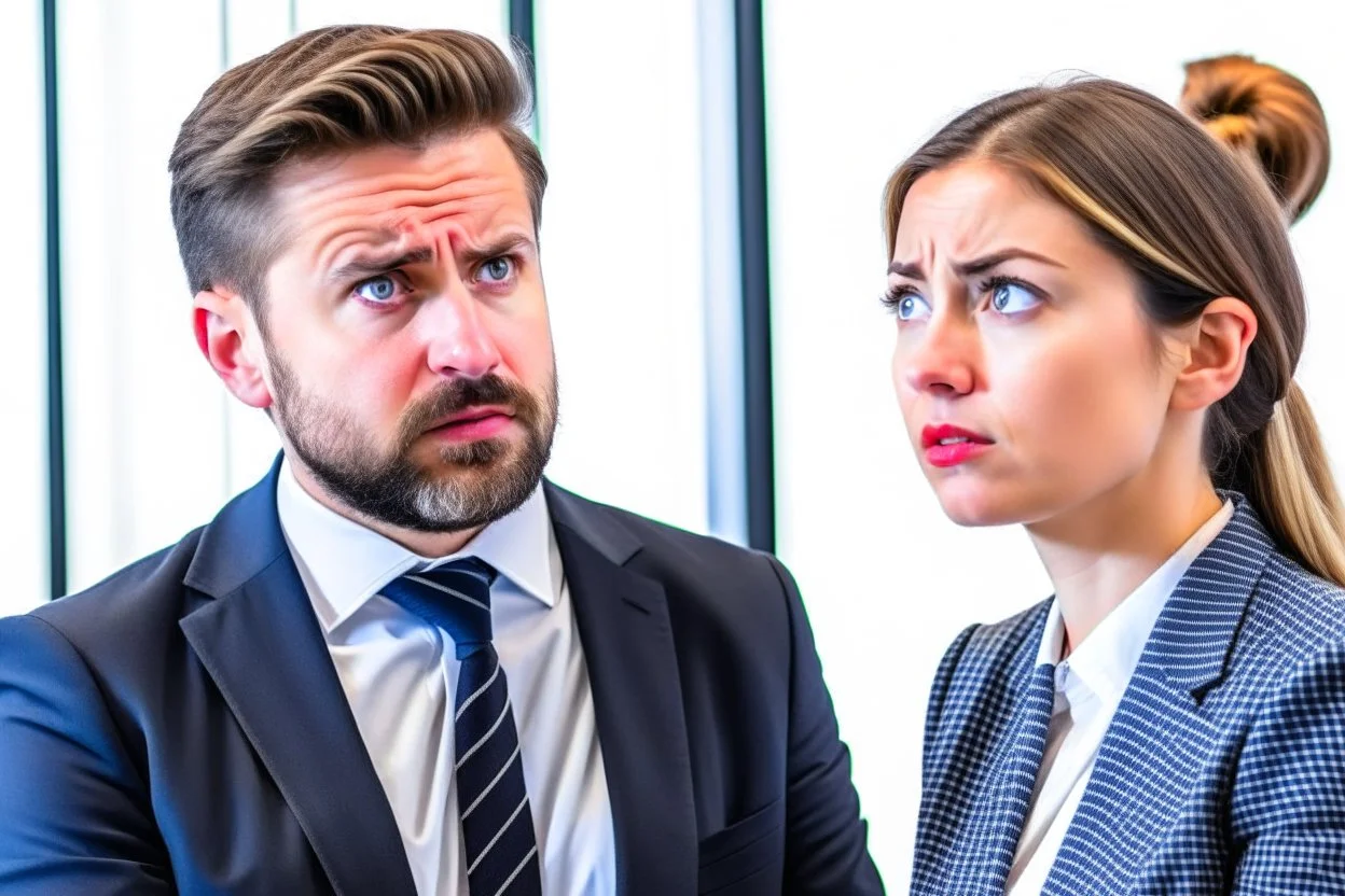 german man german woman confused in corporate office