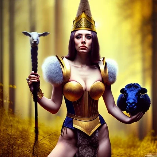 portrait cute female gladiator in gown and witch hat, holding big black sheep skull, in blurry golden forest