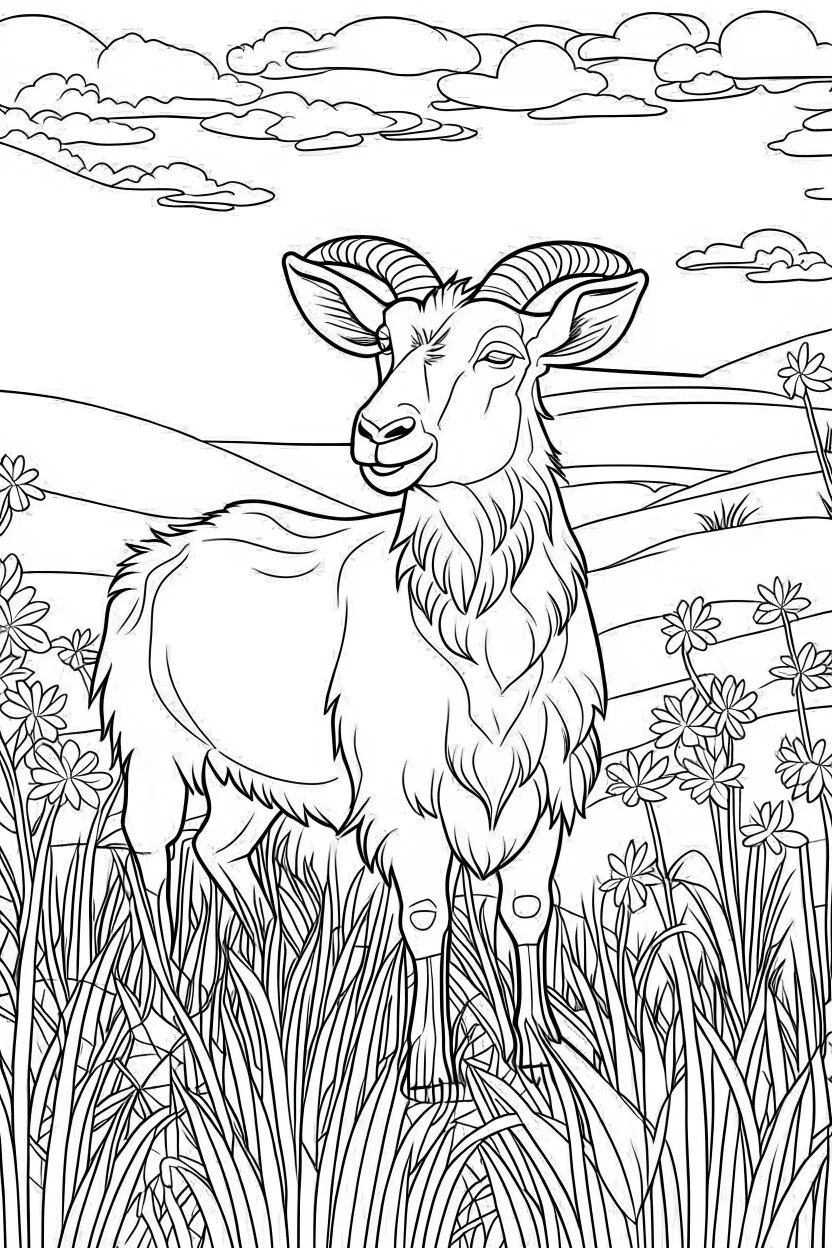 coloring page, goat in meadow, cartoon style, thick lines, low detail, no shading