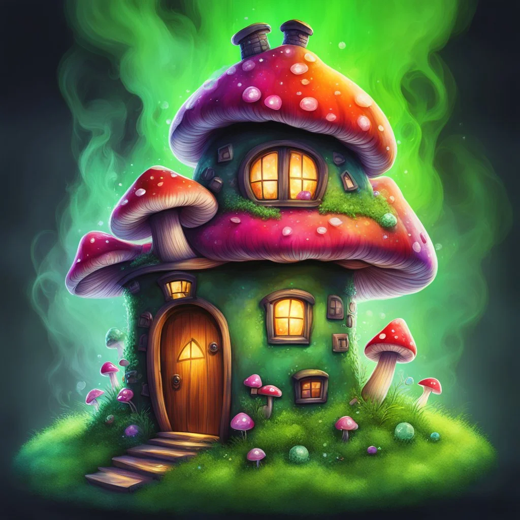 mushroom house on a floating green space island. Bright Crystals protrude from under island. The A lantern casts light on the door. wispy green smoke rising from a chimney. Bold Bright Colors, Stark Dark background. Fantasy Style. High Quality, Painterly, Whimsical, Fun, Imaginative, Bubbly,