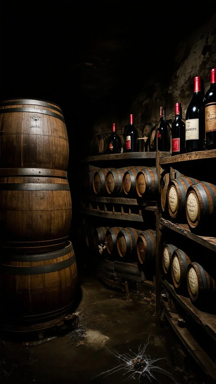 An old winery with a lot of old big wine Barrels in a dark room , a few bottles of red wines with and old labels and spider webs on old broken shelf’s in side a dark abandoned underground dark room with a little dim touch on the wall, scary, dramatic, mysterious ambiance
