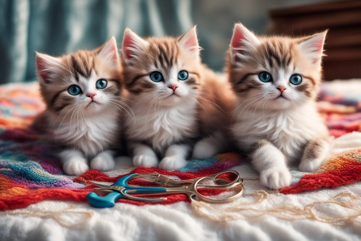 Hand sewn and embroidered extremely cute kittens, threads, sewing needles and a pair of scissors on a table on lace blanket in a luxury bedroom, centre, bold colours elegant fantasy 8k beautiful dynamic lighting award winning imperial colors hyperrealistic ultra detailed 4K 3D high definition crisp quality colourful hdr in sunshine