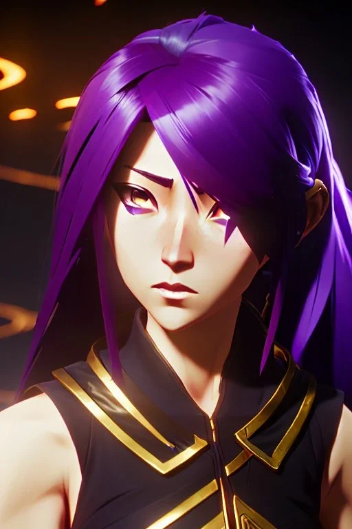 Young asian woman, anime barbarian character, purple hair, gold eyes, long hair gold jewelry, leather, vibrant color, highly detailed, art stations, concept art, smooth, unreal engine 5, god rays, ray tracing, RTX, lumen lighting, ultra detail, volumetric lighting, 3d, finely drawn, high definition, high resolution.