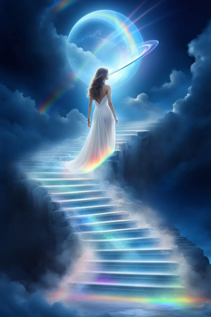 fantastic,Beautiful woman, stairway to heaven whit rainbow, ufos futuriste très beau