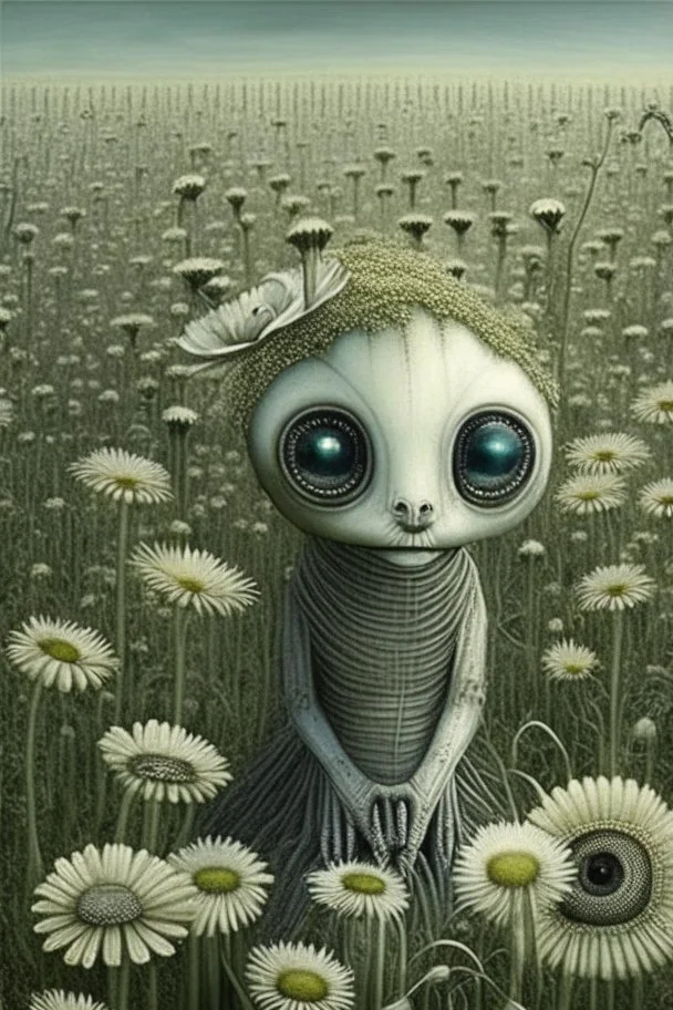 adorable H.R. Giger creature with big reflective eyes in a flower field, by Catrin Welz-Stein