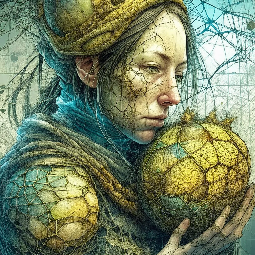 Grunge, woman as a decaying dried out Pear intricately showing its internal structure and seeds, cyberpunk, ultra unique natural textures, slight imperfections, vray. Modifiers: fantasy intricate dynamic lighting fantastic view hyperrealistic Unreal Engine matte background cinematic postprocessing VRay acrylic art pencil sketch creepy art station Gustave Klimt wet on wet watercolor Double exposure wet on wet Craig Rutkowski intricate fantasy