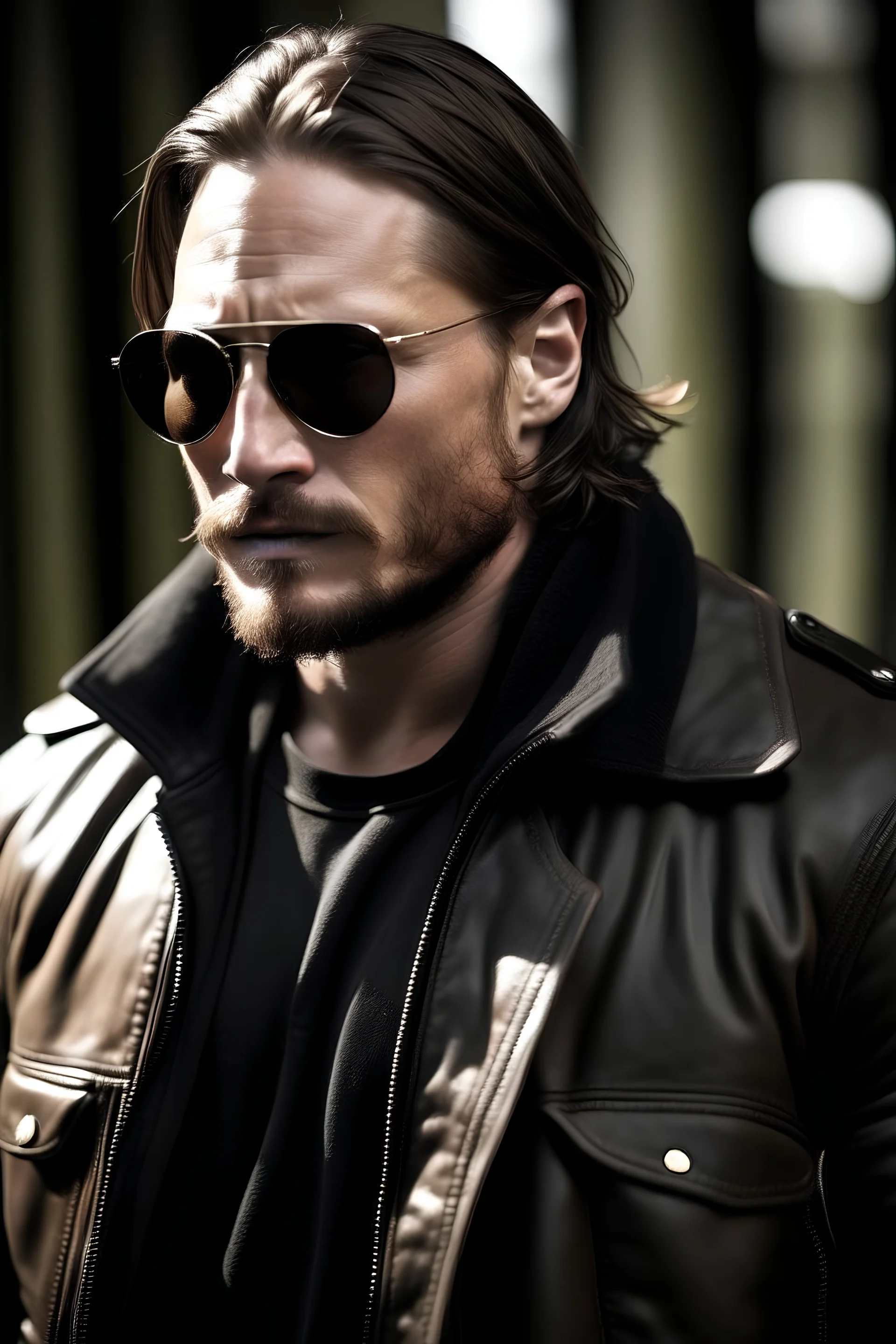 Norwegian, war veteran, strong, brown beanie, beaten, grumpy, john wick, tom hardy, handsome, sunglasses, mid long hair, muscles, bomber jacket, 29 years old