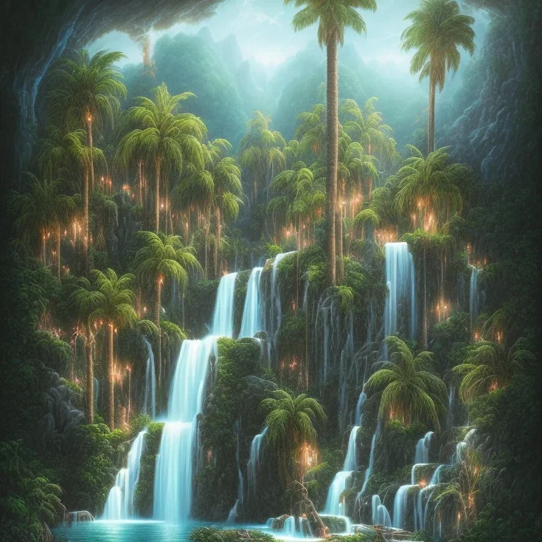 turquoise neon waterfall with palm trees sparkling at night in a cave detailed realistic glowing