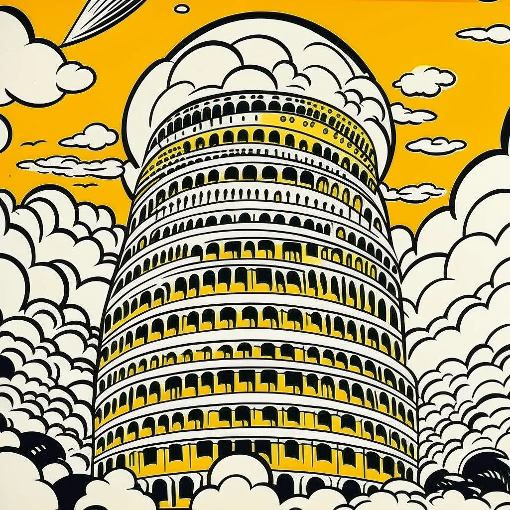 A light orange colored mythical coliseum in the sky painted by Roy Lichtenstein