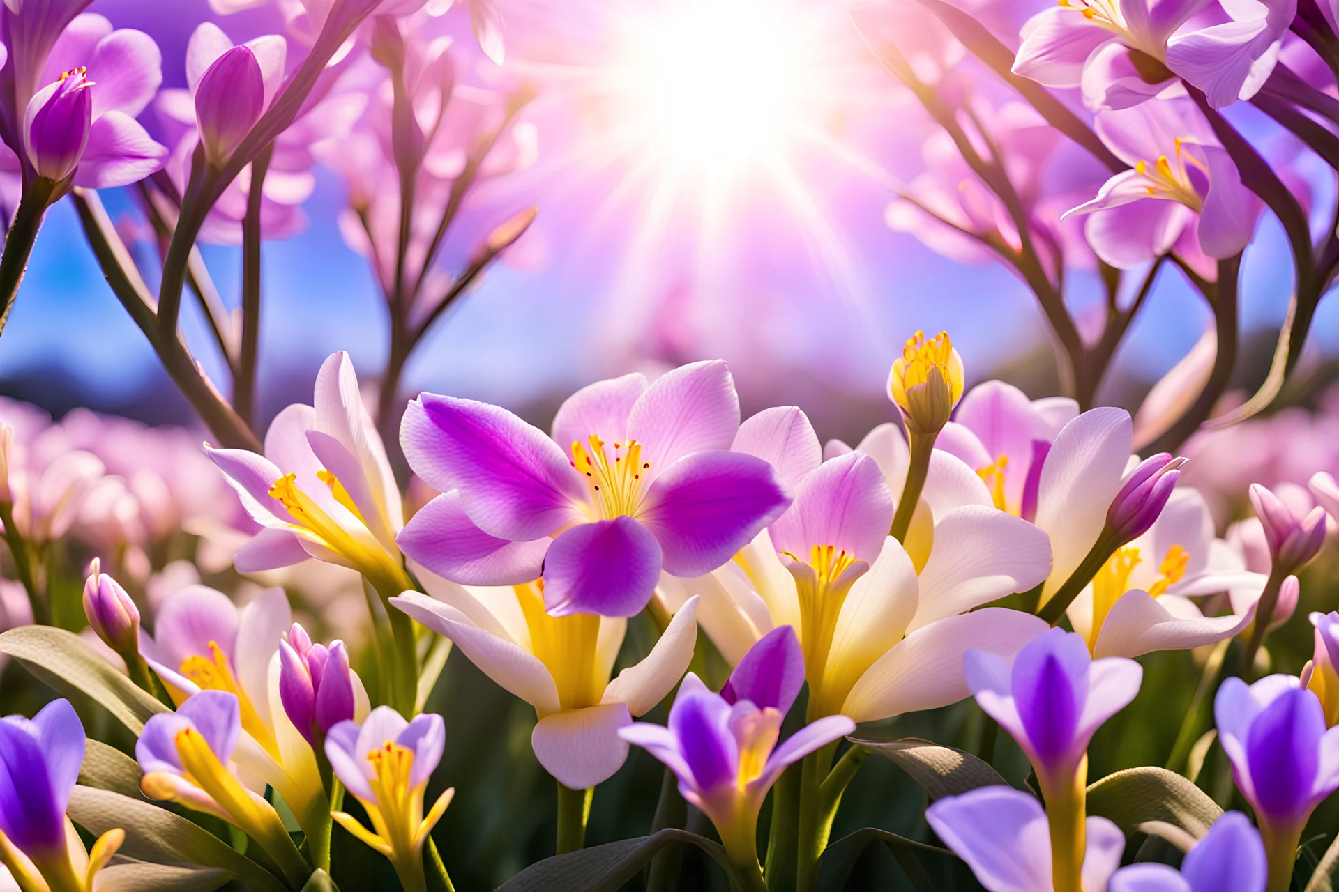 magic garden with freesia, purple or parma or pink flowers, parma or blue light effects colors, sun, realistic, freesia flowers around, beautiful blooming trees in spring, highly detailed, high contrast, 8k, high definition, concept art, sharp focus