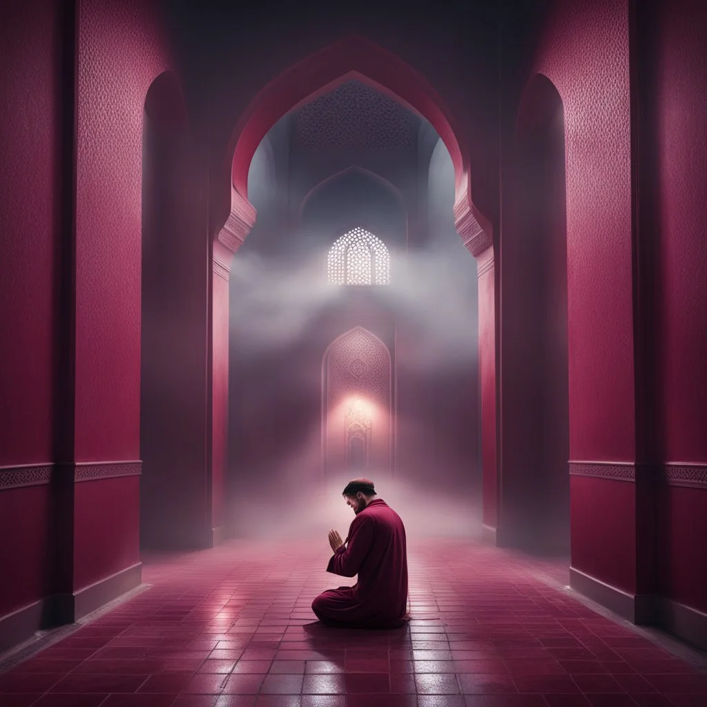 Hyper Realistic man praying inside a maroon wall mosque with thick fog & rainy night