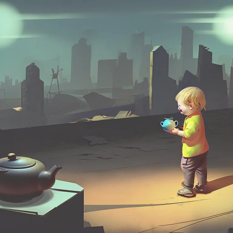 A teapot is shining and a laughing child is looking at it. The child’s image is reflected inside the teapot and behind the child is the reflection of a destroyed city.