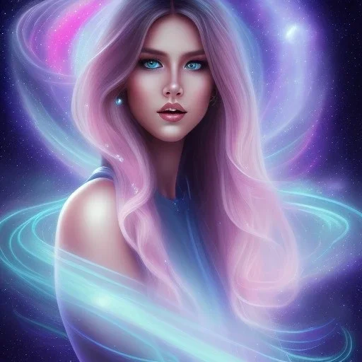 beautiful woman with long hair and smile look the stars and northern aurora blue turquoise lights, blue, pink,