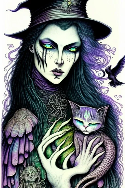 Friendly witch, playing with cats, perfect iris, ink and pencil, pastel colours, style H.G. Giger