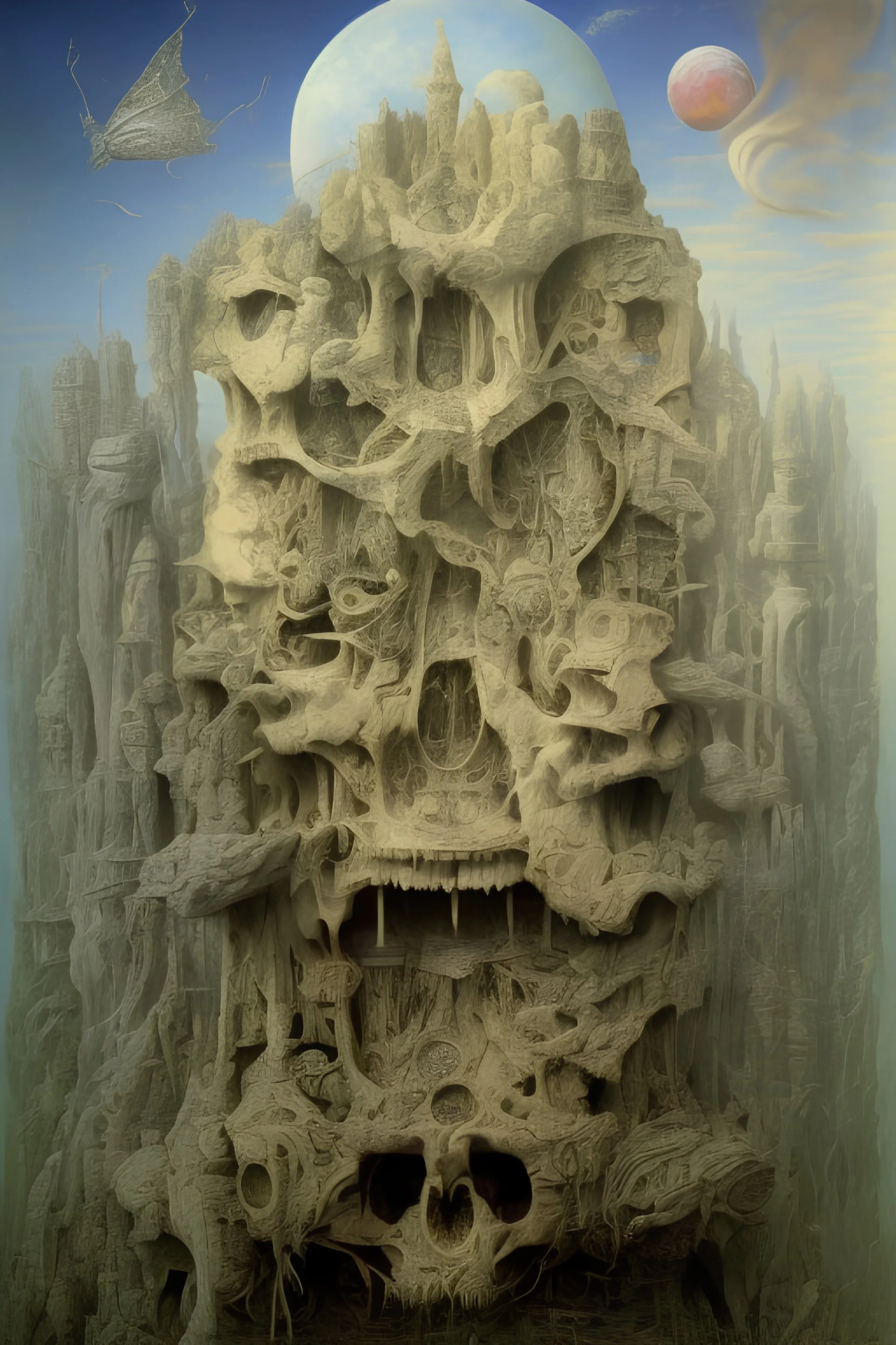 An incredibly creepy detailed masterpiece collaborative painting by Max Ernst, Roger Dean, Leonardo da Vinci, ornate, detailed, high resolution, polaroid, intricate, volumetric light